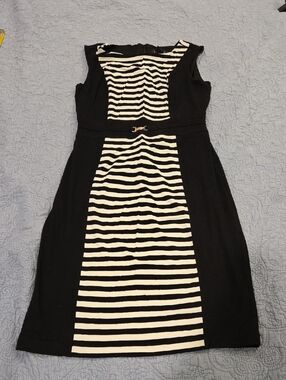 White House Black Market Black & White Striped Panel Midi Dress Size 8!